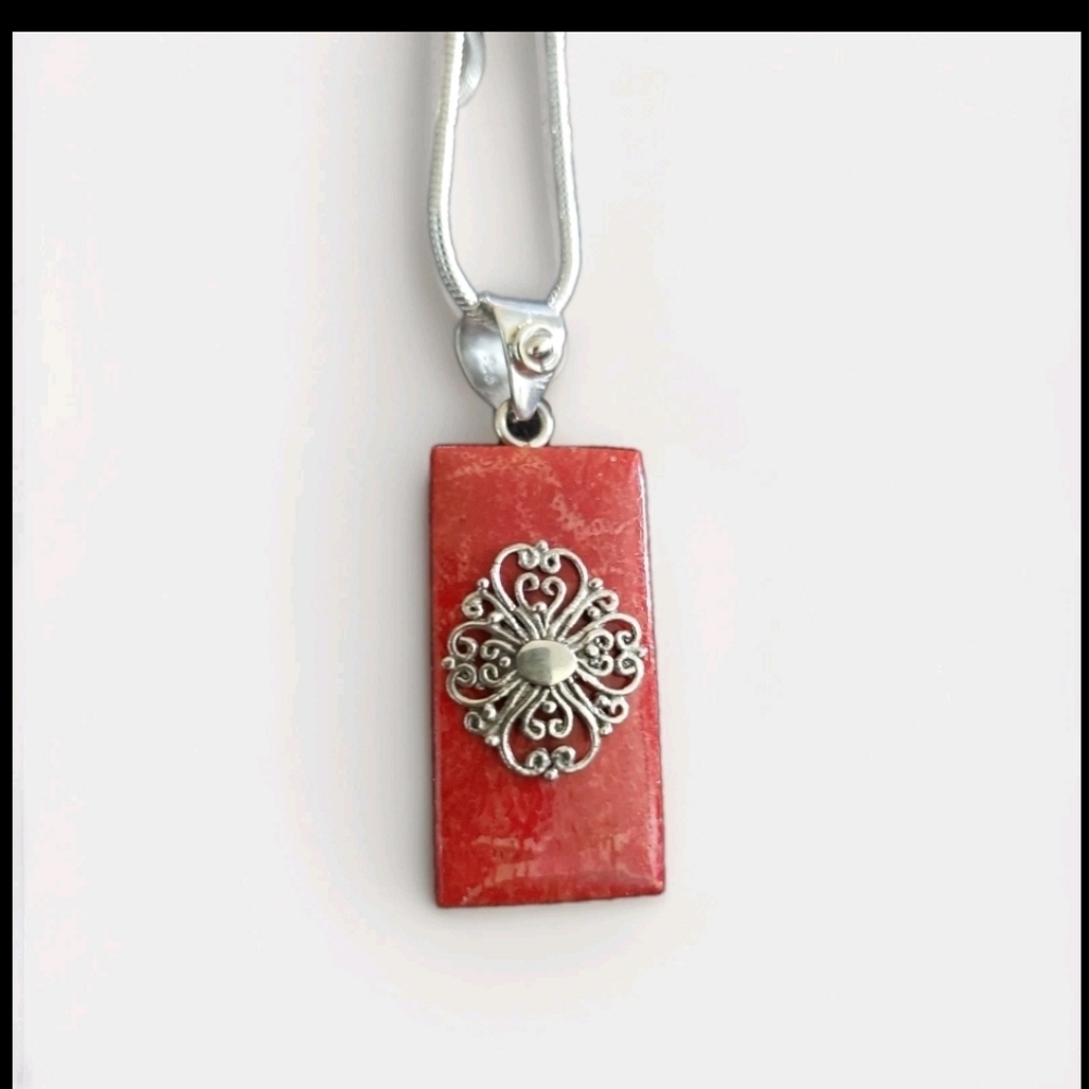 Red Coral Pendant Necklace Silver Filigree 20 Inch